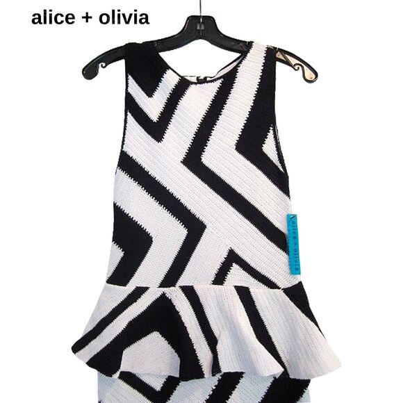 alice + olivia NEW Old Money MONACO Chevron Crochet Peplum Mini Dress XS - Picture 2 of 11